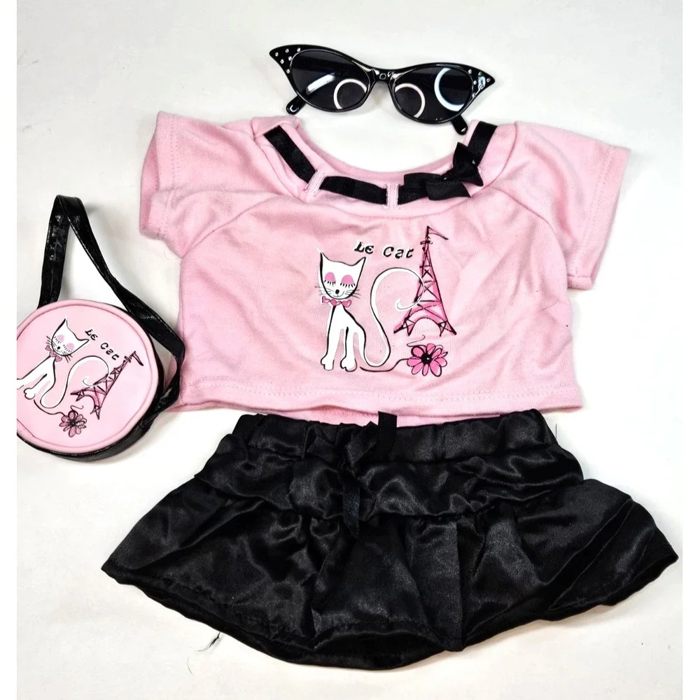 Vintage Build A Bear Pink Le Cat Paris Set- Shirt, Skirt,Sunglasses, Purse.